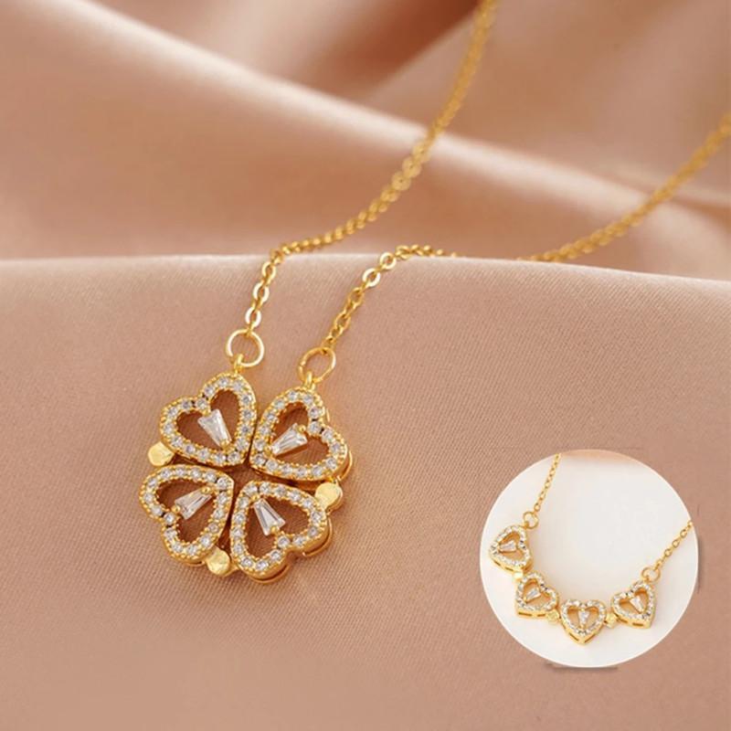 Magnetic Folding Heart Shaped Four leaf Clover Pendant Necklace