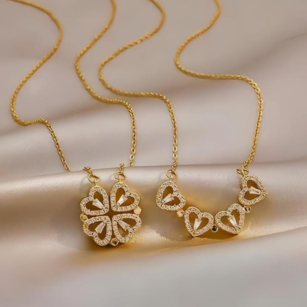 Magnetic Folding Heart Shaped Four leaf Clover Pendant Necklace