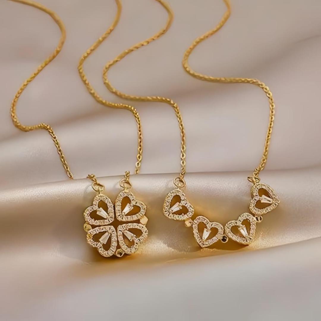 Magnetic Folding Heart Shaped Four leaf Clover Pendant Necklace