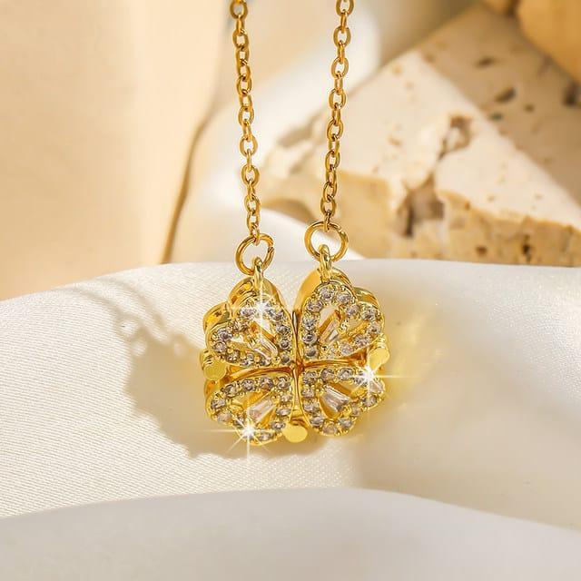 Magnetic Folding Heart Shaped Four leaf Clover Pendant Necklace